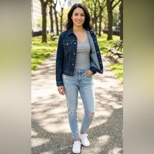OP Denim Jacket with Brown Leather Logo Patch